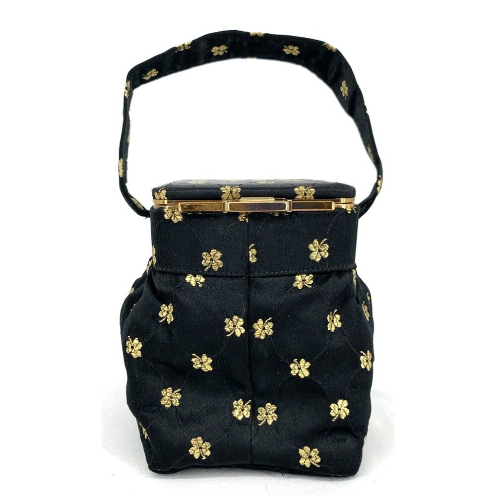 LIN BREN Purse Handbag Black & Gold Satin Brocade Box Mirror 5" Tall